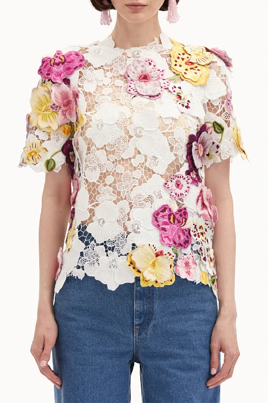 Weekend Bargains Just for You Short Sleeve Orchid Threadwork Blouse