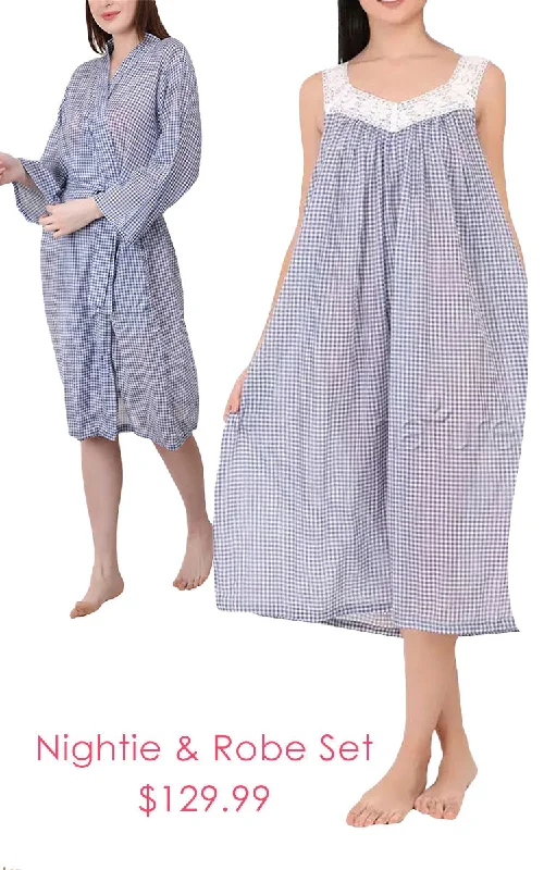 Midnight Madness Arabella 100% Cotton Robe and Matching Nightie Set in Blue Gingham MD-75EE and MD-410EE/B