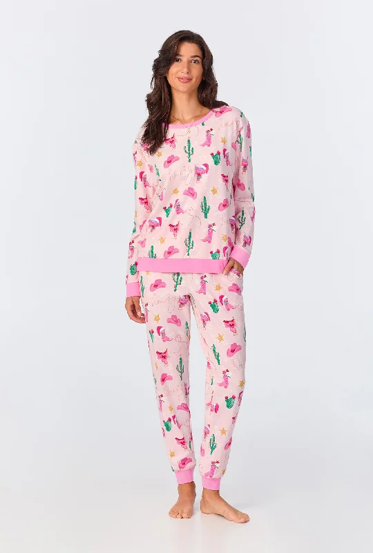 Super Savings Christmas Cowgirl Long Sleeve Pullover Crew and Jogger Stretch Jersey PJ Set