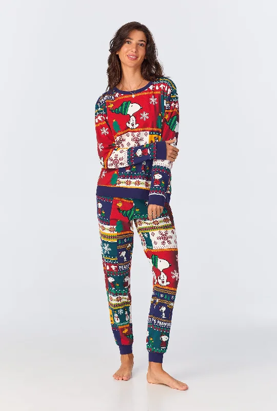 Low Cost Fairisle Snoopy® Long Sleeve Pullover Crew and Jogger Stretch Jersey PJ Set