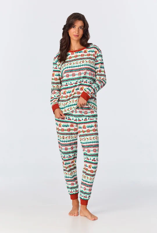 Great Bargain Festive Fairisle Long Sleeve Pullover Crew and Jogger Stretch Jersey PJ Set