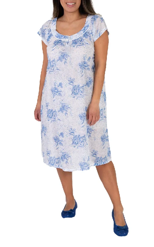 Hurry Up French Country 100% Cotton Nightgown with Cap Sleeve in White and Blue Floral FCB242V Hurry Up French Country 100% Cotton Nightgown with Cap Sleeve in White and Blue Floral FCB242V