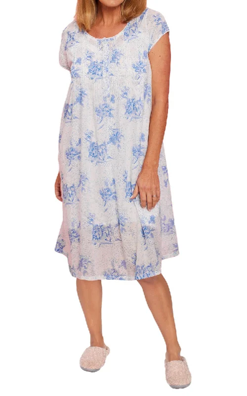 Low Cost French Country 100% Cotton Nightgown with Cap Sleeve in White and Blue Floral FCB245V Low Cost French Country 100% Cotton Nightgown with Cap Sleeve in White and Blue Floral FCB245V
