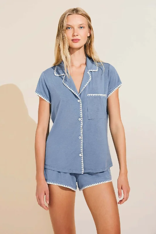 Hurry In Frida Shortie PJ Set in Wedgewood Blue/Ivory