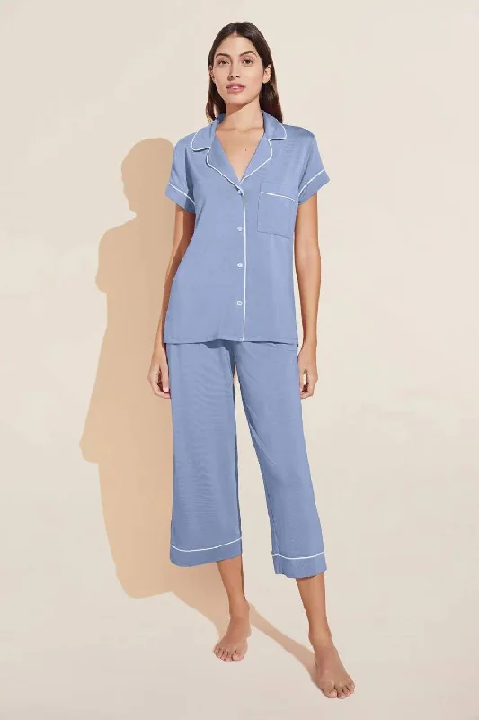 Weekend Offers That Please Gisele Cropped PJ Set in Wedgewood Blue/Ivory