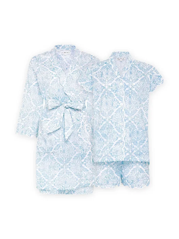 Weekend Offers That Dazzle Ice Blue Filigree Bundle: Short Classic Robe + PJ with Shorts
