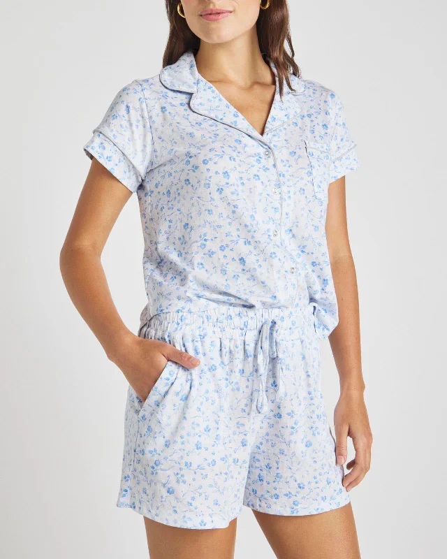 Deep Savings Light Blue Floral Notch Collar & Short PJ Set