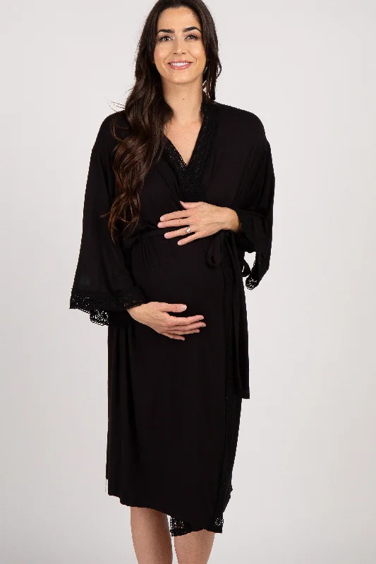 Weekend Savings Spectacular PinkBlush Black Crochet Trim Delivery/Nursing Maternity Robe