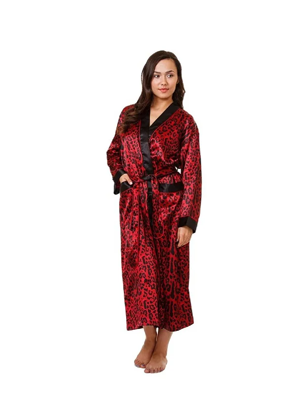 Weekend Specials Just for You Women's Long Robe, Satin, Red Tiger Print with Pockets