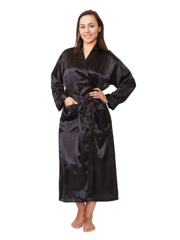 Celebrate the Weekend with Discounts Women's Long Robe, Satin, Solid Black with Pockets Celebrate the Weekend with Discounts Women's Long Robe, Satin, Solid Black with Pockets