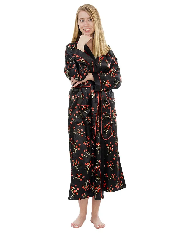 Weekend Shopping Extravaganza Women's Long Robe, Satin, Vintage Rose Print with Pockets Weekend Shopping Extravaganza Women's Long Robe, Satin, Vintage Rose Print with Pockets