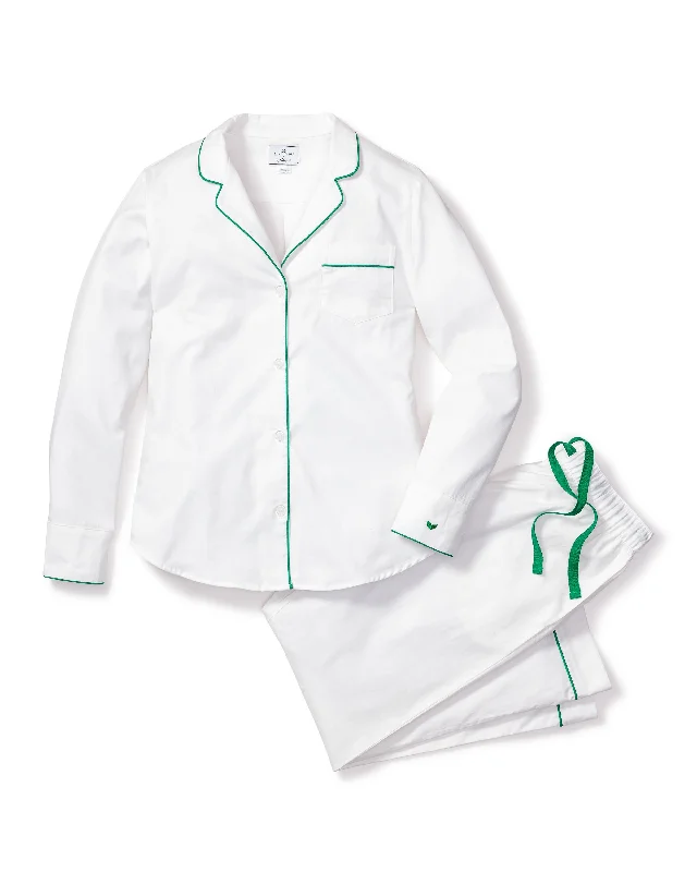 Weekend Specials to Delight Women's White Twill Pajama Set with Green Piping