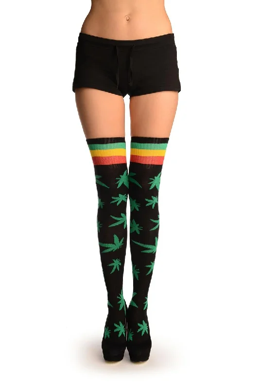 Cash Savings Black With Green Leaves and Stripes Over The Knee Socks