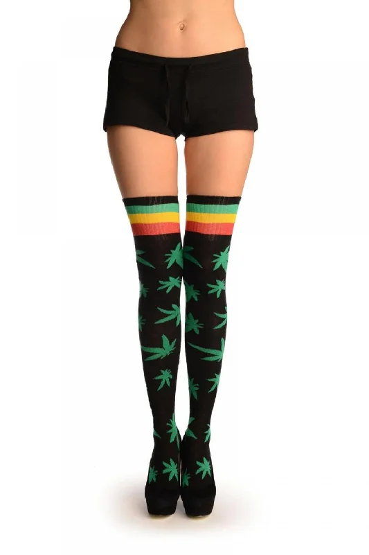 Can't Resist Black With Green Leaves and Stripes Over The Knee Socks