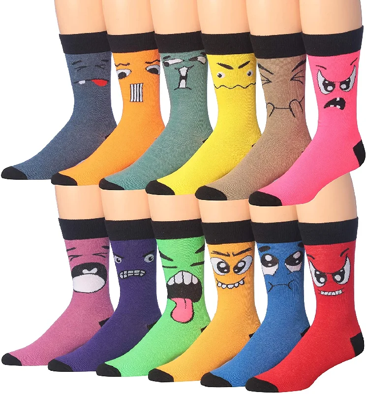 Limited Supply Fiallo Mens 12 Pairs Funny Faces Striped Colorful Crew Socks