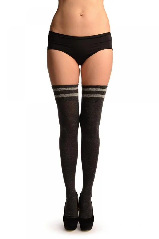 Crazy Savings Dark Grey With Silver Lurex & Stripes Over The Knee Socks