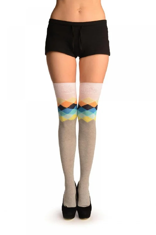 Extra Discount Grey With Pink Harlequin Top Over The Knee Socks