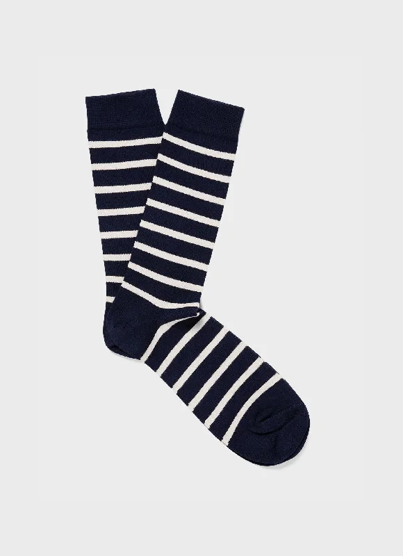 Steals and Deals Men's Cotton Socks in Navy/Archive White Breton Stripe