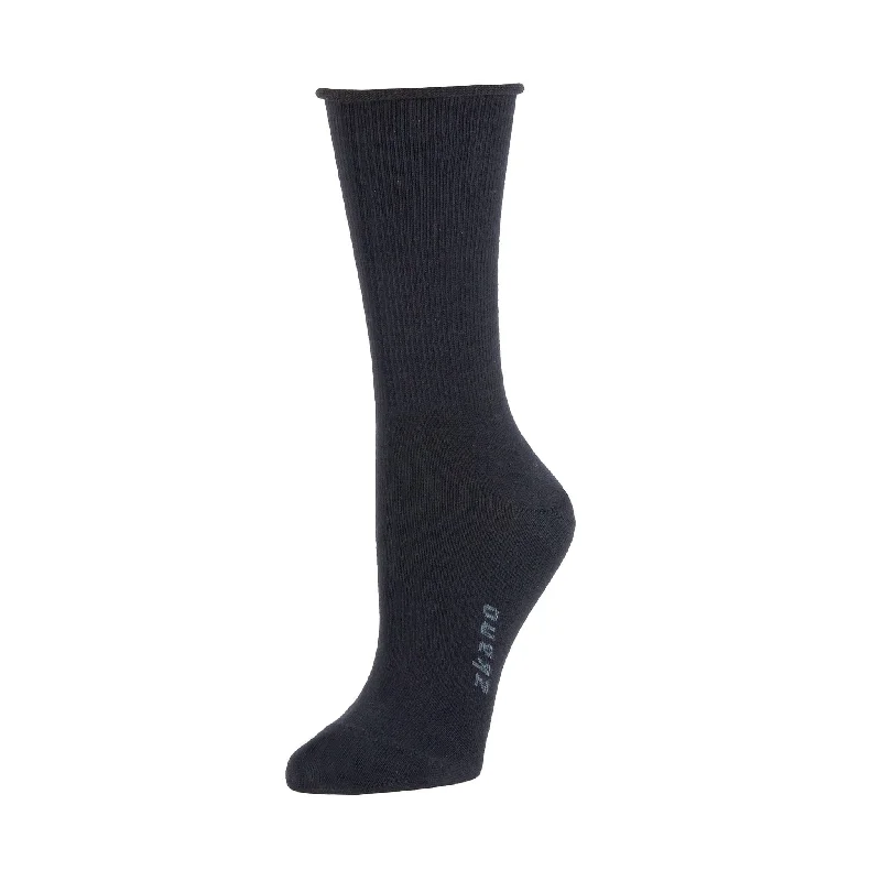 Don't Delay Rose - Roll Top Organic Cotton Crew Socks - Solid Black