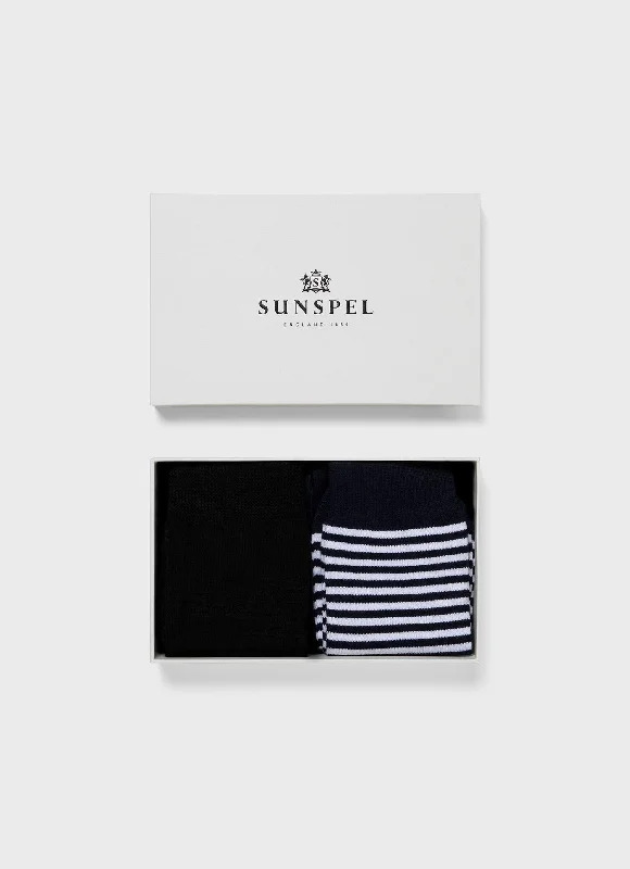 Weekend Bargains to Indulge In Sock Gift Set in Black/White/Navy English Stripe