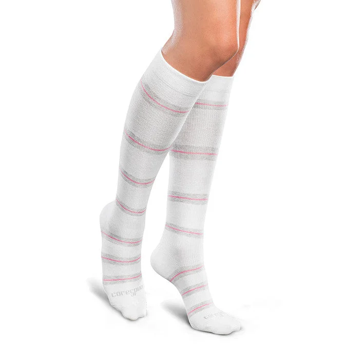 Now Available Therafirm Core-Spun Moderate Support Socks- Thin Line 20-30 mmHg (White/Grey/Pink Stripe)