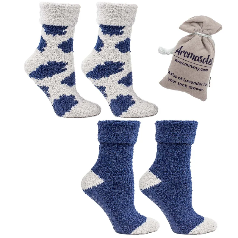 Online Exclusive 2 Pairs - Non-Skid Fuzzy Lavender Infused Cloud Slipper Socks with Lavender Sachet