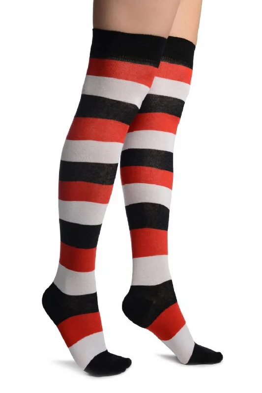 Daily Special White, Red And Black Stripes Over The Knee Socks
